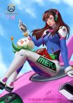  1girl artist_name bangs blue_sky bodysuit bottle bracer breasts brown_eyes brown_hair bunny_print cellphone clothes_writing clouds d.va_(overwatch) day doritos facepaint facial_mark gloves headphones high_collar high_ponytail holding holding_phone holding_weapon joycelyn_ong lips long_hair looking_at_viewer mecha mechanical_halo medium_breasts meka_(overwatch) mountain_dew nose outdoors overwatch pachimari phone pilot_suit ribbed_bodysuit shoulder_pads signature sitting sitting_on_object skin_tight sky smartphone solo stuffed_animal stuffed_octopus stuffed_toy swept_bangs visor watermark weapon web_address whisker_markings white_gloves 