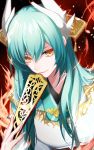  &gt;:) 1girl aqua_hair closed_mouth fate/grand_order fate_(series) fingernails hair_ornament highres horns japanese_clothes kimono kiyohime_(fate/grand_order) long_hair looking_at_viewer obi sash sharp_fingernails slit_pupils solo sunahara_(toki0707) upper_body yellow_eyes 