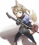  1girl animal_ears assault_rifle bandaged_arm bandaid bandaid_on_face black_gloves black_legwear blonde_hair commentary_request fingerless_gloves fox_ears fox_tail gloves green_eyes gun highres holding holding_gun holding_weapon knees_together_feet_apart loafers looking_at_viewer original pleated_skirt rifle sekira_ame shoes short_sleeves sitting sketch skirt solo tail thigh-highs weapon 