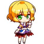  1girl arm_warmers black_shoes black_skirt blonde_hair blush_stickers brown_shirt chibi full_body green_eyes hair_between_eyes hand_on_own_cheek looking_at_viewer lowres mizuhashi_parsee scarf shinobu_shinobu shirt shoes short_hair short_sleeves simple_background skirt solo touhou white_background white_legwear white_scarf 