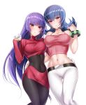  2girls akira_(natsumemo) arm_around_waist belt black_bodysuit breast_press breasts cleavage covered_navel dress dual_persona gluteal_fold long_hair looking_at_viewer midriff multiple_girls natsume_(pokemon) navel pants pantyhose pokemon pokemon_(game) pokemon_frlg pokemon_hgss purple_hair simple_background smile thigh_gap tight tight_dress tight_pants very_long_hair 