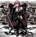  1girl arm_rest black_boots boots breasts chair chemise collarbone full_body green_eyes head_rest headphones jacket jinbei legs_crossed medium_breasts megurine_luka off_shoulder pink_hair sitting skull solo spaghetti_strap sword tattoo vocaloid weapon 