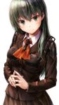  1girl breasts brown_jacket brown_skirt buttons eyebrows eyebrows_visible_through_hair fingernails fingers_together green_eyes green_hair hair_between_eyes hair_ornament hairclip highres jewelry kantai_collection large_breasts long_hair long_sleeves looking_at_viewer necktie ring shirt shoulder_pads simple_background skirt smile solo suien suzuya_(kantai_collection) wedding_band white_background white_shirt 
