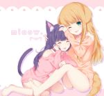 2girls :p ;p ^_^ animal_ears bare_shoulders barefoot blonde_hair cat_ears cat_tail closed_eyes dog_ears dog_tail green_eyes hand_on_another&#039;s_head long_hair multiple_girls one_eye_closed original purple_hair rinya_(hikkygatari) sweater tail tongue tongue_out 