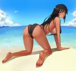  &gt;:) 1girl all_fours ass bangs bare_arms bare_legs bare_shoulders barefoot beach bent_over bikini black_bikini black_hair blue_eyes blush breasts closed_mouth clouds day erect_nipples feet from_behind large_breasts long_hair looking_at_viewer looking_back metalbolic original outdoors sideboob sidelocks sling_bikini smile soles solo swimsuit tan toes under_boob 