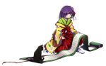  1girl animal baba_(baba_seimaijo) black_cat bow brush cat commentary_request floral_print flower hair_flower hair_ornament hakama hieda_no_akyuu highres japanese_clothes kimono kneeling looking_to_the_side purple_hair red_bow scroll short_hair touhou transparent_background violet_eyes 