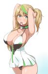  1girl armpits arms_up bare_shoulders black_panties blonde_hair blue_eyes blush breasts cleavage gene_(pso2) gradient gradient_background green_hair hair_between_eyes highres large_breasts long_hair looking_at_viewer mouth_hold multicolored_hair panties phantasy_star phantasy_star_online_2 simple_background solo tokiwa_mmm twintails two-tone_hair tying_hair underwear 