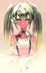 1girl alternate_eye_color arms_at_sides bangs bare_shoulders breasts closed_mouth eyelashes glowing green_hair hair_ornament hatsune_miku lips looking_at_viewer medium_breasts partially_submerged predator_(hidden_predator) see-through shade sidelocks small_breasts solo twintails upper_body vocaloid water yellow_eyes 