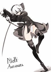  1girl black_dress black_legwear blindfold boots breasts copyright_name dress dual_wielding gluteal_fold hairband high_heel_boots high_heels highleg highleg_leotard holding holding_sword holding_weapon leotard medium_breasts mole mole_under_mouth nier_(series) nier_automata parted_lips short_dress simple_background solo sword thigh-highs thigh_boots thighs weapon white_background white_hair white_leotard yorha_unit_no._2_type_b yunar 