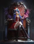  1girl absurdres bat_wings blood blood_on_face bloody_hands blue_hair eyepatch hat highres kneehighs legs_crossed licking_lips looking_at_viewer mcaster red_eyes remilia_scarlet short_hair sitting solo throne tongue tongue_out touhou wings 