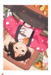  1girl black_eyes brown_hair cat food fruit highres kotatsu lying mandarin_orange on_back original outstretched_arms short_hair solo spread_arms sweater table takamichi under_kotatsu under_table 
