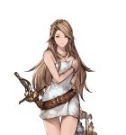  1girl bare_shoulders belt brown_eyes brown_hair catalina_(granblue_fantasy) earrings granblue_fantasy jewelry looking_at_viewer minaba_hideo naked_towel necklace smile solo standing sword towel transparent_background weapon 