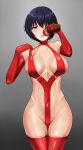  1girl bangs bare_shoulders black_hair blush breasts clothes_pull coca-cola collarbone covered_navel cowboy_shot elbow_gloves gloves gluteal_fold gradient gradient_background looking_at_viewer medium_breasts metalbolic midriff one_eye_covered original pulled_by_self red_eyes red_gloves red_legwear revealing_clothes short_hair sideboob skin_tight soda_bottle solo spandex stomach thigh-highs thigh_gap tongue tongue_out 