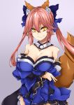  1girl absurdres animal_ears bare_shoulders baron_suzuki bell bell_collar blue_dress breasts cleavage closed_mouth collar commentary_request crossed_arms detached_sleeves dress fate/extella fate/extra fate/grand_order fate_(series) fox_ears fox_tail grey_background hair_between_eyes highres large_breasts long_hair looking_at_viewer pink_hair simple_background smile solo tail tamamo_(fate)_(all) tamamo_no_mae_(fate) yellow_eyes 
