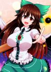  1girl :d arm_cannon bangs bird_wings black_wings blush bow breasts brown_hair cape cowboy_shot dress_shirt feathered_wings foreshortening frilled_shirt frilled_skirt frills green_bow green_skirt hair_between_eyes hair_bow highres large_breasts long_hair looking_at_viewer open_mouth pointing pointing_at_viewer puffy_short_sleeves puffy_sleeves red_eyes reiuji_utsuho shirt short_sleeves sidelocks skirt smile solo third_eye touhou twitter_username umasan weapon white_shirt wings 