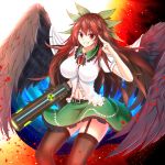  &gt;:) 1girl arm_cannon bird_wings black_legwear black_wings bow breasts brown_hair cowboy_shot damao_yu dress_shirt feathered_wings frilled_shirt_collar frills garter_straps green_bow green_skirt grin hair_bow highres large_breasts long_hair looking_at_viewer miniskirt navel puffy_short_sleeves puffy_sleeves radiation_symbol red_eyes reiuji_utsuho salute shirt short_sleeves sidelocks skirt smile solo thigh-highs third_eye touhou two-finger_salute very_long_hair weapon white_shirt wings 