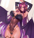  1girl armpits arms_up black_gloves black_legwear bracelet breasts bridal_gauntlets choker cleavage covered_navel daglasses demon_girl demon_tail demon_wings dutch_angle earrings elbow_gloves fingerless_gloves gloves hair_ornament hair_over_one_eye highres jewelry large_breasts leotard long_hair original parted_lips pointy_ears purple_hair see-through smile smirk solo succubus tail thigh-highs very_long_hair violet_eyes wings 