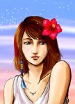  1girl brown_hair final_fantasy final_fantasy_x flower heterochromia hibiscus jewelry looking_at_viewer mariko_hosoi necklace solo yuna yuna_(ff10) 