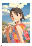  1girl black_eyes brown_hair eating food highres innertube original popsicle shore short_hair solo takamichi tank_top 