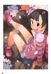  1girl backpack bag black_eyes black_hair cherry_blossoms child highres open_mouth original short_hair sitting skirt solo takamichi 