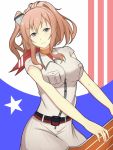  1girl ardinassau belt blue_eyes breasts brown_hair closed_mouth commentary_request eyebrows eyebrows_visible_through_hair hair_between_eyes head_tilt highres kantai_collection large_breasts long_hair looking_at_viewer neckerchief saratoga_(kantai_collection) smile solo star star_print 