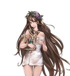  1girl bare_shoulders breasts brown_hair cleavage granblue_fantasy head_wreath holding long_hair looking_at_viewer minaba_hideo naked_towel rosetta_(granblue_fantasy) smile solo towel transparent_background 