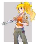  1girl automail blonde_hair clenched_hands cyborg female iesupa jacket long_hair mechanical_arm midriff navel pants ponytail rwby sleeves_rolled_up smile solo spoilers violet_eyes yang_xiao_long 