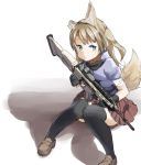  1girl absurdres animal_ears assault_rifle bandaged_arm bandaid bandaid_on_face black_gloves black_legwear blonde_hair fingerless_gloves fox_ears fox_tail gloves green_eyes gun highres holding holding_gun holding_weapon knees_together_feet_apart loafers looking_at_viewer original pleated_skirt rifle sekira_ame shoes short_sleeves sitting skirt solo tail thigh-highs weapon 