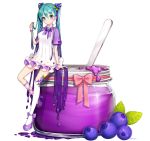  1girl ango asymmetrical_legwear blue_eyes blue_hair blueberry blueberry_hair_ornament bow bowtie bracelet capelet dress dripping food food_themed_clothes food_themed_hair_ornament frilled_dress frills fruit full_body gradient_hair hair_ornament hairpin halterneck hatsune_miku high_heels holding holding_hair jam jar jewelry leaf leg_ribbon long_hair looking_at_viewer multicolored_hair platform_footwear purple_bow purple_bowtie purple_hair purple_ribbon purple_shoes red_bow ribbon shoe_bow shoes simple_background sitting smile solo twintails twitter_username very_long_hair vocaloid white_background white_dress white_legwear 