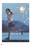  1girl black_eyes blue blue_sky brown_hair dusk fireworks flat_chest from_side full_body grin hair_ornament hairclip highres hill looking_at_viewer night ocean original outdoors outstretched_arm page_number print_shirt reflection running sandals scan shirt short_twintails shorts sky sleeveless sleeveless_shirt smile solo sparkler takamichi teeth town twintails water white_border 