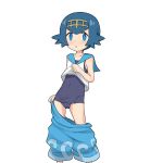  10s 1girl :o bangs bare_shoulders blue_eyes blue_hair blue_pants blue_swimsuit blush child collarbone covered_navel embarrassed flat_chest flipped_hair hairband highres legs_apart lifted_by_self looking_at_viewer old_school_swimsuit one-piece_swimsuit pants pants_pull pokemon pokemon_(game) pokemon_sm pulled_by_self sailor_collar shirt shirt_lift short_eyebrows short_hair sidelocks simple_background sleeveless sleeveless_shirt solo standing suiren_(pokemon) surprised swimsuit swimsuit_under_clothes undressing white_background white_shirt yakihebi 