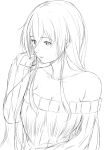  1girl bare_shoulders breasts casual cleavage collarbone hair_between_eyes hand_in_hair highres kantai_collection large_breasts long_hair looking_at_viewer monochrome niwatazumi off_shoulder open_mouth ribbed_sweater sidelocks sketch sleeves_past_wrists solo sweater tatebayashi_sakurako upper_body white_skin 
