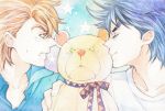  2boys blue_hair caesar_anthonio_zeppeli clenched_teeth closed_eyes facial_mark green_eyes jojo_no_kimyou_na_bouken joseph_joestar_(young) male_focus multiple_boys niku_harumaki orange_hair smile star starry_background stuffed_animal stuffed_toy sweatdrop teddy_bear teeth traditional_media watercolor_(medium) 