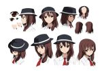  1girl bangs black_hat blush bow brown_eyes brown_hair character_sheet closed_eyes closed_mouth collared_shirt eyebrows eyebrows_visible_through_hair from_above from_behind from_side hair_between_eyes hair_bow hat hat_removed headwear_removed looking_at_viewer looking_up multiple_views necktie neko_(yanshoujie) open_mouth profile red_necktie shirt sidelocks simple_background smile the_sealed_esoteric_history touhou usami_renko white_background white_bow white_shirt 
