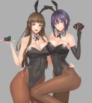  2girls animal_ears argyle bangs bare_shoulders black_gloves breast_press breasts brown_hair bunnysuit card covered_navel daglasses detached_collar ear_piercing elbow_gloves eyebrows eyebrows_visible_through_hair gloves grey_background hands_on_another&#039;s_hips highres jewelry large_breasts leg_up long_hair looking_at_viewer multiple_girls original pantyhose piercing poker_chip purple_hair red_eyes short_hair smile thick_thighs thighs tray violet_eyes wrist_cuffs 