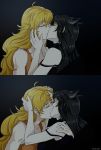  2girls animal_ears artist_name black_hair blake_belladonna blonde_hair cat_ears closed_eyes comic female gradient gradient_background highres kiss long_hair multiple_girls rwby tears upper_body yang_xiao_long yaya_(y8ay8a) yuri 