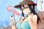 1girl between_breasts black_hair breasts brown_eyes cellphone character_request commentary_request eyebrows hair_between_eyes hat jewelry large_breasts long_hair mature nishi_koutarou phone pokemon pokemon_(game) pokemon_sm ring sightseer_(pokemon) smartphone solo thought_bubble upper_body 