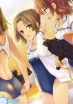  3girls absurdres adjusting_clothes adjusting_swimsuit ass bare_back blue_eyes breasts brown_hair collarbone competition_swimsuit covered_navel dutch_angle green_eyes gun hand_up heki_junko high_school_fleet highres holding holding_gun holding_weapon jacket medium_breasts multiple_girls ogasawara_hikari one-piece_swimsuit open_clothes open_jacket open_mouth scan short_hair swimsuit tontoro water_gun weapon white_jacket 