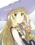  1girl blonde_hair braid green_eyes hat lillie_(pokemon) long_hair pokemon pokemon_(game) pokemon_sm somechime_(sometime1209) sun_hat twin_braids 