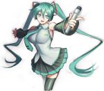  1girl :d aqua_eyes aqua_hair bare_shoulders breasts detached_sleeves eyebrows eyebrows_visible_through_hair foreshortening hatsune_miku jonylaser large_breasts long_hair microphone necktie open_mouth pleated_skirt pointing pointing_at_viewer skirt smile solo thigh-highs twintails very_long_hair vocaloid 