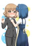  2girls adjusting_clothes adjusting_necktie apron blonde_hair blue_dress blue_hair blush bow brown_eyes business_suit buttons dokka_no_kuni_no_kokuou dress formal furutani_himawari hair_bow multiple_girls necktie oomuro_sakurako open_mouth pant_suit profile suit wavy_mouth yuru_yuri 