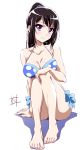  1girl barefoot bikini black_hair blue_bikini breasts cleavage hibike!_euphonium highres kousaka_reina large_breasts long_hair looking_at_viewer nii_manabu polka_dot polka_dot_bikini ponytail side-tie_bikini sidelocks signature sitting solo swimsuit violet_eyes 