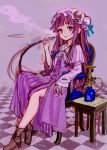  1girl ama-tou bangs blunt_bangs boots bun_cover capelet chair checkered checkered_floor crescent crescent_hair_ornament cross-laced_footwear fingernails frills hair_bun hair_ornament hair_ribbon hat hookah long_hair long_sleeves looking_at_viewer mob_cap neck_ribbon no_socks patchouli_knowledge purple_hair ribbon sitting sketch smoke smoking solo striped table touhou tress_ribbon vertical_stripes very_long_hair violet_eyes wide_sleeves 