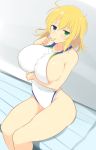  1girl ahoge bangs bare_arms bare_shoulders blonde_hair blue_eyes blush breast_hold breasts closed_mouth collarbone covered_navel finger_to_mouth green_eyes heterochromia huge_breasts light_smile noeomi one-piece_swimsuit ryouna_(senran_kagura) seductive_smile senran_kagura senran_kagura_(series) senran_kagura_shinovi_versus short_hair sideboob sitting smile solo swimsuit taut_clothes taut_swimsuit thighs white_swimsuit 