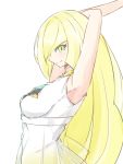  1girl armpits bare_arms blonde_hair breasts closed_mouth dress empty_eyes gem green_eyes hair_over_one_eye highres long_hair lusamine_(pokemon) mature medium_breasts pokemon pokemon_(game) pokemon_sm profile simple_background smile solo tsunakanten upper_body very_long_hair white_background white_dress 