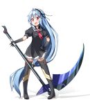  blue_hair gloves long_hair ominaeshi_(takenoko) original red_eyes scythe simple_background standing thigh-highs 
