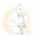  1girl baymax big_hero_6 blush cape cosplay disney female gradient gradient_background hug iesupa pale_color ruby_rose rwby solo weiss_schnee weiss_schnee_(cosplay) white_background 