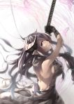  1girl backless_outfit black_gloves blue_eyes breasts butterfly demon_horns doraf floating_hair from_behind gloves granblue_fantasy hair_over_one_eye highres horn_ornament horns katana large_breasts lavender_hair lips long_hair looking_at_viewer narumeia_(granblue_fantasy) pointy_ears saraki sheath sideboob sword unsheathing upper_body weapon 