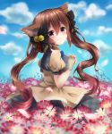  1girl absurdres amane_tari animal_ears bangs bell black_bow blue_bow blue_bowtie blue_sky book bow bowtie brown_dress brown_hair cat_ears clouds commentary day dress field flower flower_field hair_between_eyes hair_bow hair_ornament highres holding holding_book irori-san jingle_bell long_hair looking_at_viewer looking_back open_book original petals phantasy_star phantasy_star_online_2 pink_eyes plaid plaid_skirt red_flower skirt sky smile solo very_long_hair 