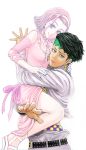  1boy 1girl arm_warmers bekio black_hair breasts carrying choker cleavage collarbone dress earrings ghost green_eyes hairband headband highres jewelry jojo_no_kimyou_na_bouken kishibe_rohan medium_breasts nail_polish pink_dress pink_eyes pink_hair pink_nails pose sandals smile sugimoto_reimi 